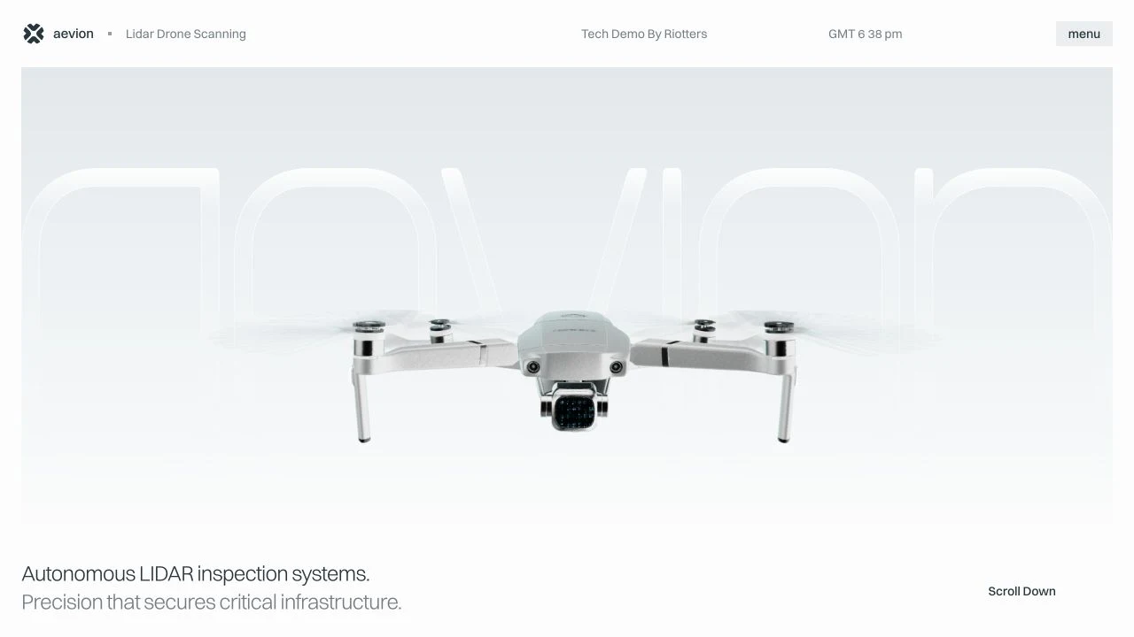 Aevion homepage featuring a drone against a clean white background.
