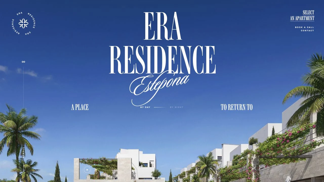 Era Residence homepage with elegant white typography above Mediterranean residences.