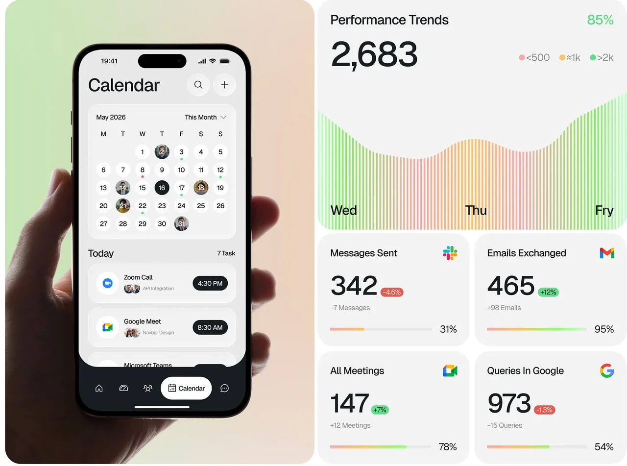 Mobile calendar beside a desktop performance dashboard with green charts and activity metrics.