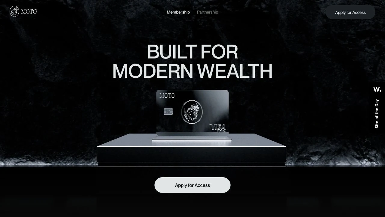 Moto Card homepage with a black payment card and the headline Built for Modern Wealth.