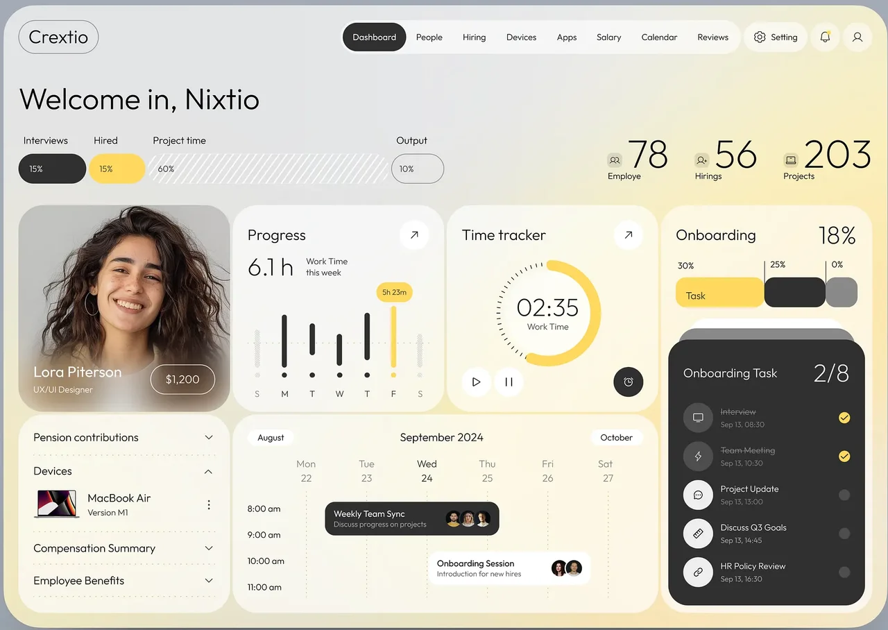 People management dashboard with employee profiles, time tracking and onboarding progress.