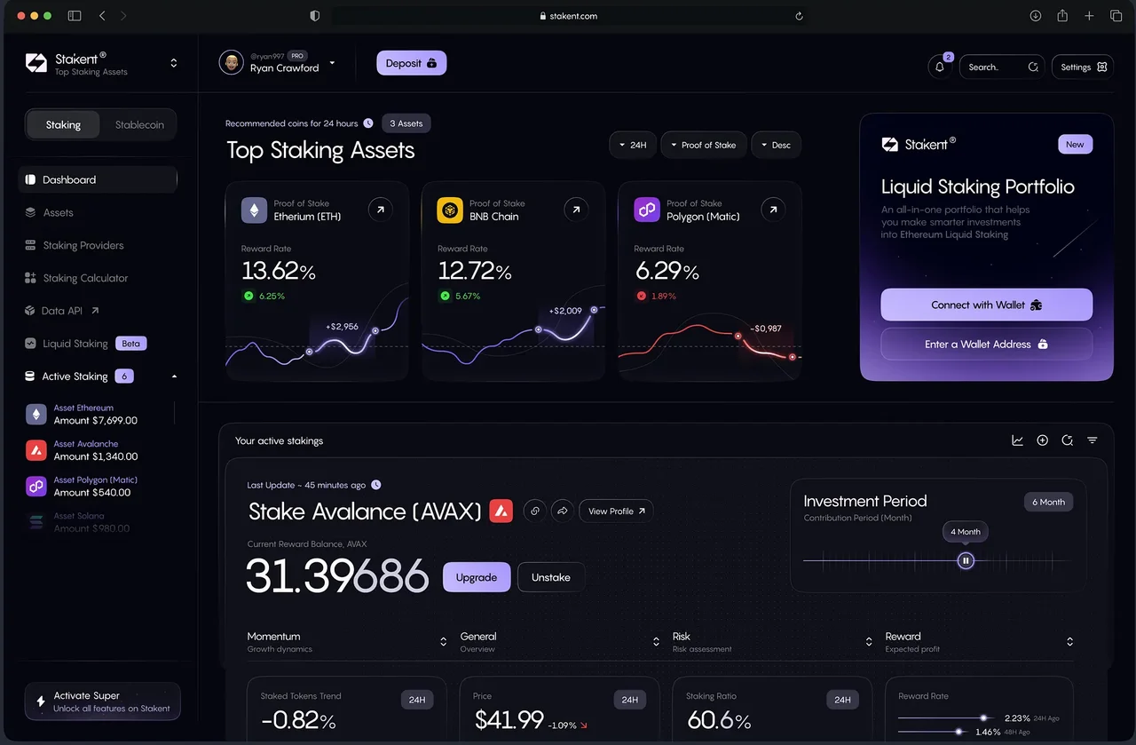 Dark financial dashboard with asset charts, portfolio balances and staking controls.