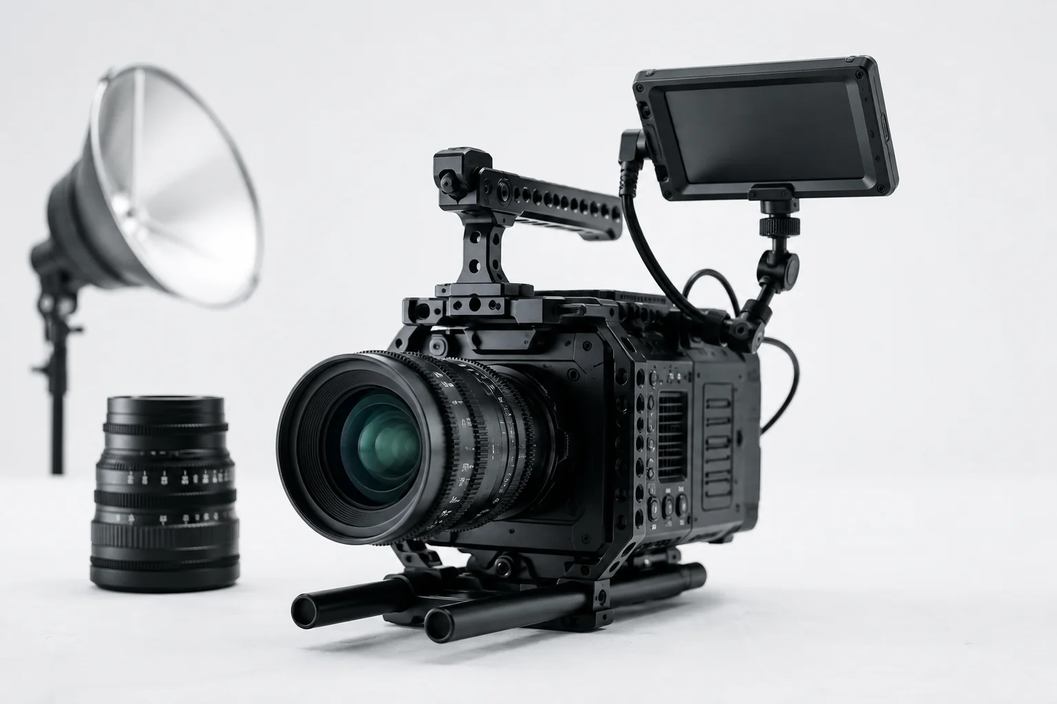Cinema camera, interchangeable lens and studio lighting for video production.