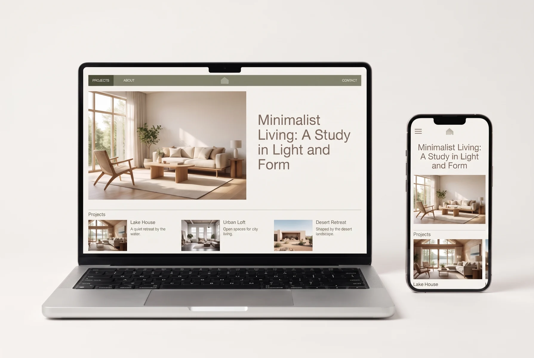 Laptop and phone displaying matching desktop and mobile versions of an interior design website.
