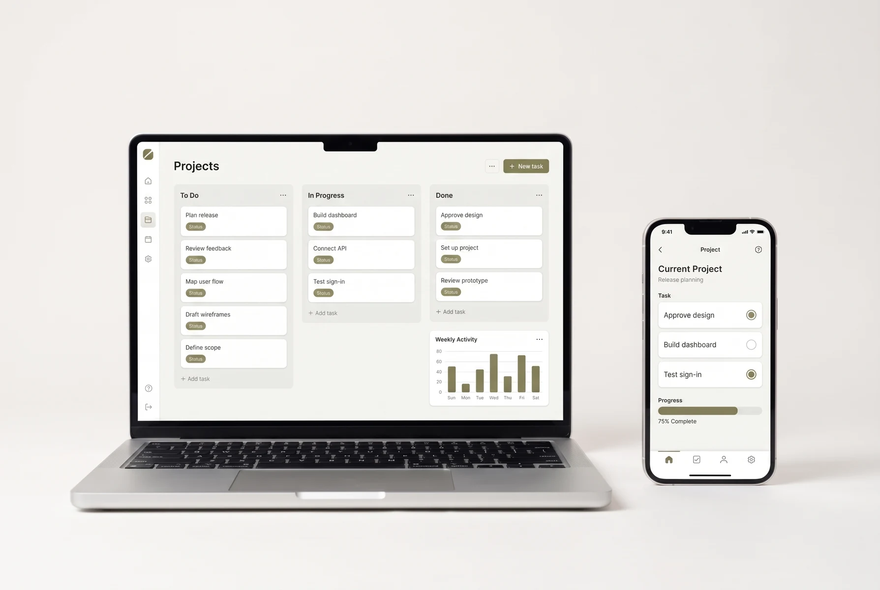 Laptop and phone displaying a project management web application and its companion mobile app.